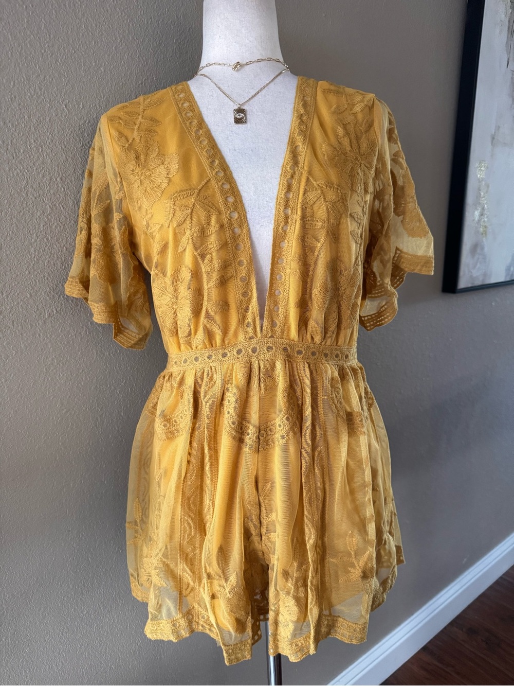 Mustard Lace Romper with Deep V - Picture 7 of 10
